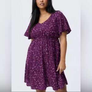 NWT TORRID Challis V Neck Elastic Waist Mini Dress Floating on Jacobien Purple2